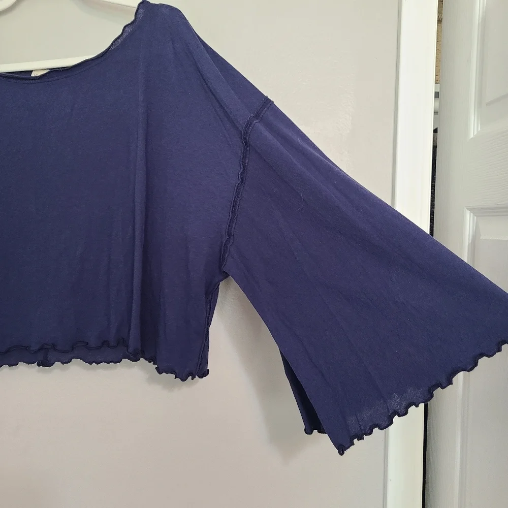 Free People Bird Gang Cropped Oversized Bell Sleeve Beachy Blue Cotton Tee L